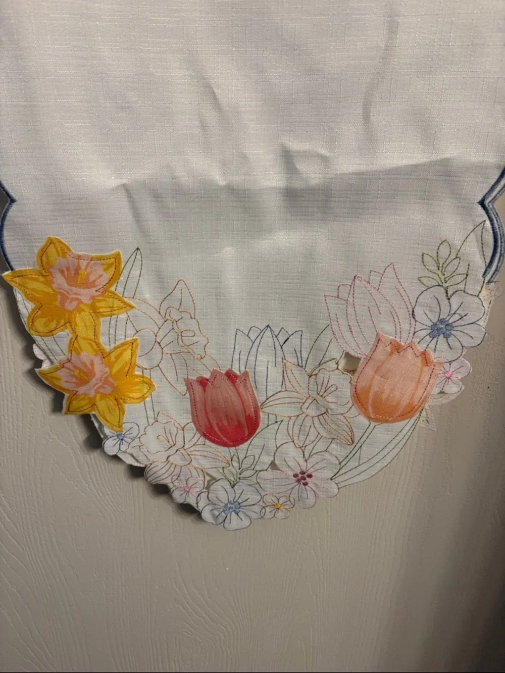 White Scalloped Floral Embroidered Table Runner with Blue Trim